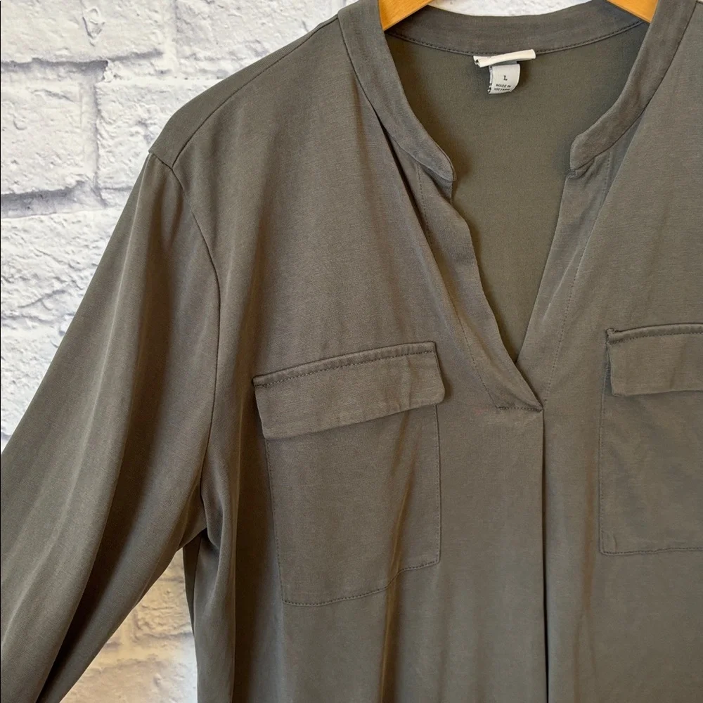 A New Day Long Sleeve Blouse Top Neutral Olive Green V Neck Soft Size Large
